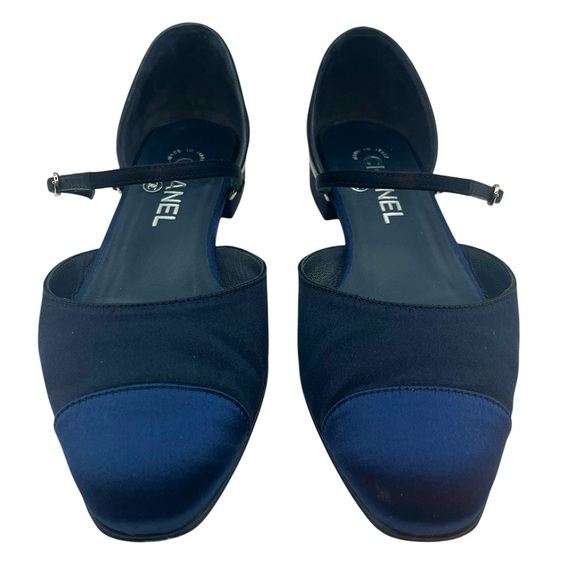 CHANEL Satin Mary Jane Flats CC Logo Navy Blue Size 38.5EU / 8.5US - Picture 4 of 16